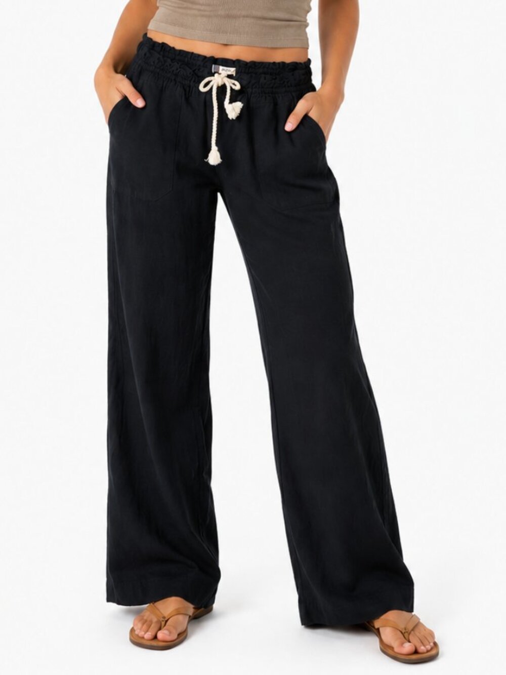 ROXY Oceanside Black Linen Blend Wide Leg Beach Pants Drawstring Size XL EUC